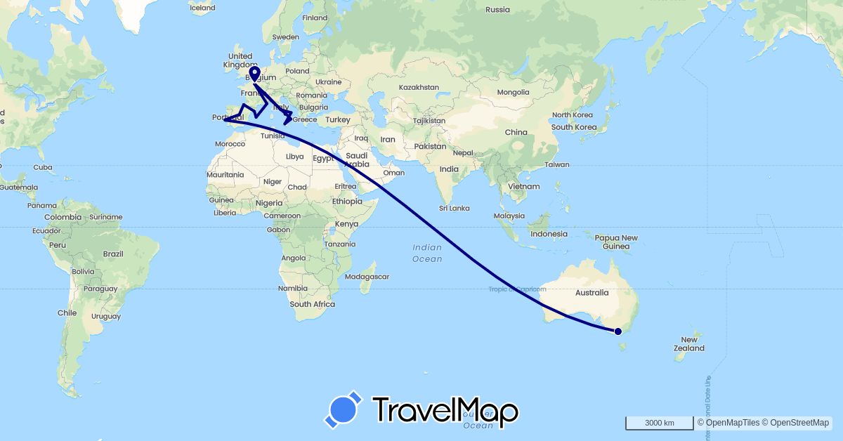 TravelMap itinerary: driving in Australia, Spain, France, Italy, Portugal (Europe, Oceania)